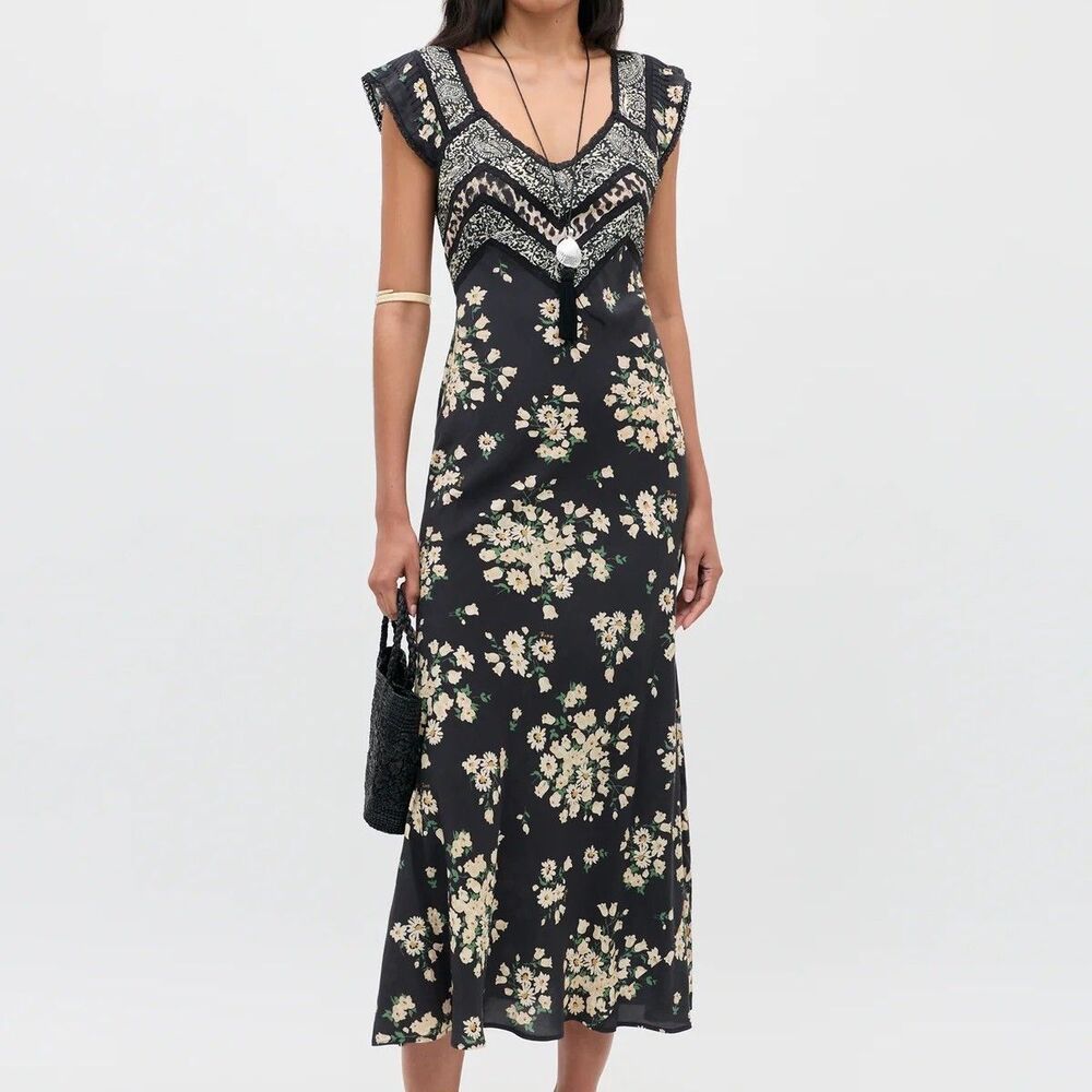 RIXO Bailee Midi Dress Ruffle Lace Mixed Floral Print Sleeveless V Neck S 291272